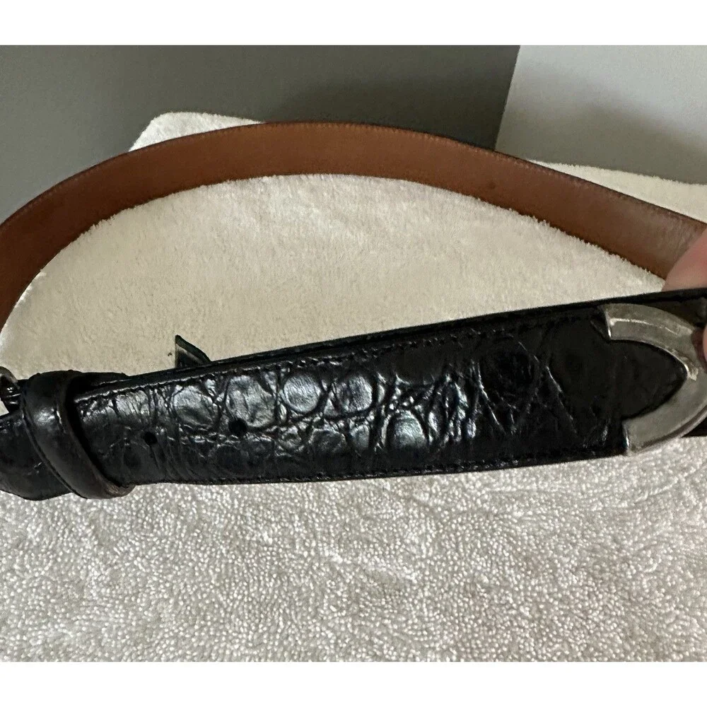 COLE HAAN LEATHER Crocodile Textured Black Belt Solid Brass Buckle ITALY 42